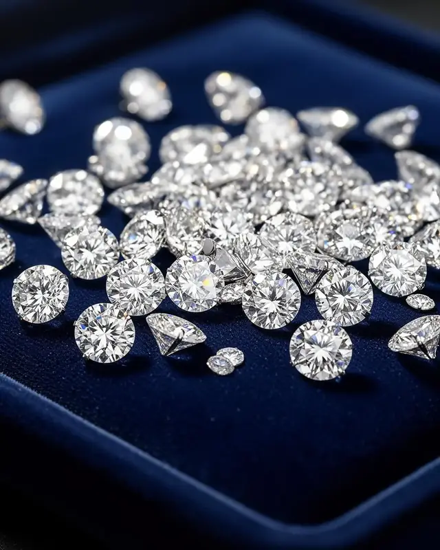 Calibrated round brilliant melee diamonds on a deep navy velvet tray